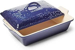 Le Creuset Olive Branch Collection Stoneware Heritage Covered Rectangular Casserole, 4 qt., Indigo with Embossed Lid