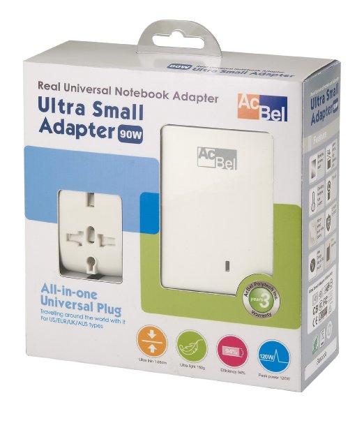 AcBel Ultra Smallest & Slimmest Real Universal NoteBook AC Power Adapter (90W) Laptop Charger (Worldwide Safety Certificate with 3 years Warranty)   Free All-in-one Universal Plug Adapter 8A Max for US UK EU AU Worldwide over 150 Countries
