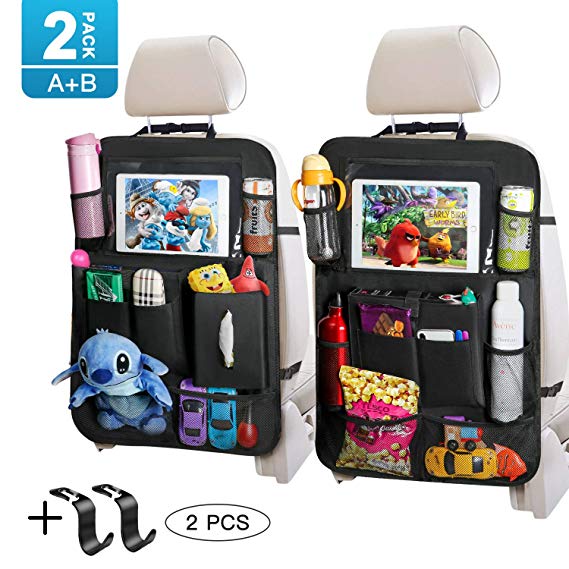 Backseat Car Organizer with Touch Screen Tablet Holder Tissue Box 2 Pack Tocode, Car Seat Protector Kick Mats Multi Storage Pockets for Kids Toy Book Bottle Baby Travel Accessories with Headrest Hook