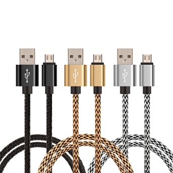 Micro USB Cable Braided 6ft, Pack 3 High Speed 6ft/2m Premium Nylon Braided Micro USB Charger Cable Cord for Android Samsung Galaxy S4 S6 S7 Edge HTC Motorola Nokia and More (Black, White, Gold)