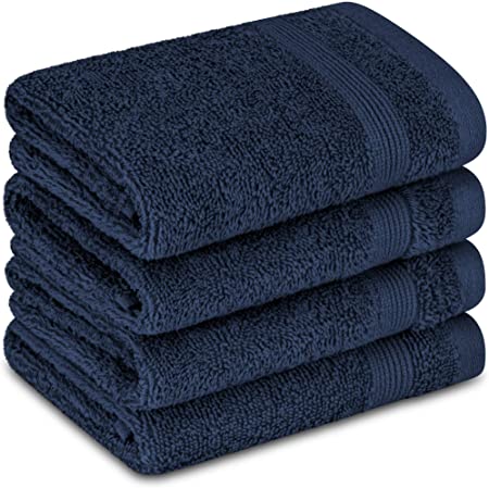 Adobella 4 Luxury Washcloths, 100% Cotton, Super Soft, Absorbent and Quick Drying, Baby and Body Wash Clothes, 13 x 13 inches, Small Fingertip Face Towel for Bathroom, Navy Blue (Pack of 4)