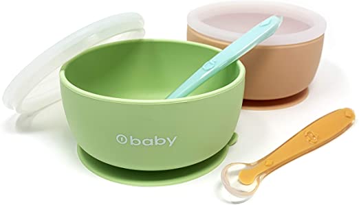 Silicone Suction Bowl, 2 PACK, by o1baby, Baby Bowls, With Lids and Spoons, Microwave Dishwasher Safe, Non Slip Baby Bowl, BPA Free