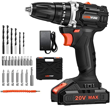 LOMVUM 18V Brushless Cordless Drill (20V Max) Battery Powered 2 Speeds, 24 Accessories, Max Torque 38Nm Self-Tightening Chuck 10mm Drill (1*Battery)