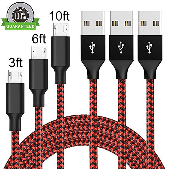 AOFU Micro USB Cable,3Pack 3FT 6FT 10FT Long Nylon Braided High Speed 2.0 USB to Micro-USB Charging Cables Android Fast Charger Cord for Samsung Galaxy S7 Edge/S6/S4, Note 5/4 and More(Black Red)