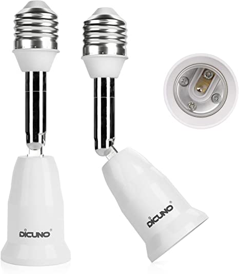 DiCUNO E26 Socket Extender Adapter, E26 to E26 Adjustable Extension, Flexible Medium Light Bulb Socket Converter, 180 Degree Bendable (2-Pack)
