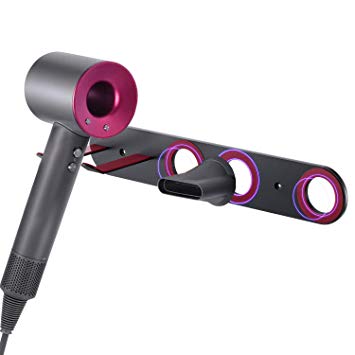 Oak Leaf 4-in-1 Hair Dryer Holder for Dyson, Wall Mount Metal Magnetic Blow Dryer Holder with Fuchsia Anti-Scratch Rubber Protection for Bathroom, Black
