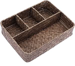 Hipiwe Wicker Basket Bin 4-Section Handwoven Tea Bag Basket Organizer Seagrass Fruit Snacks Basket Serving Tray Coffee Pod Sugar Packet Holder Divided Coffee Bar Bin for Shelf, Coffee