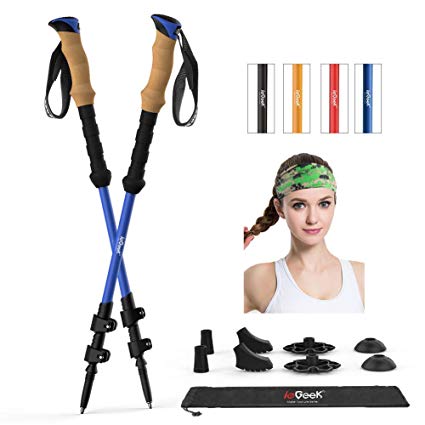 ieGeek Trekking Poles with Headband - 2 pc Pack Adjustable Hiking or Walking Sticks - Tough, Lightweight, Collapsible Hiking Poles for All Terrains and Season