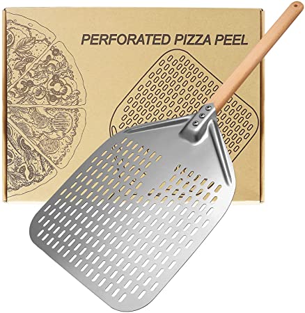 Pizza Peel 12 Inch, Pizza Paddle with Anodized Aluminum, Non Stick Pizza Shovel, Perforated Pizza Peel Hangable Long Wooden Handle Perfect for Home-Made or Professional Bakery Baking Pizza and Bread