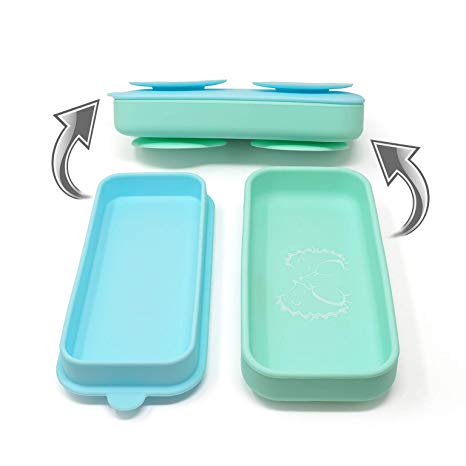 Suction Go Bowl - The World's Most Compact Toddler Suction Dish. 100% Food Grade Silicone. Transforms into Food Container. (Mint)