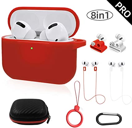 Airpods Pro Case Cover, TOLUOHU Airpods Pro Accessories 8 in 1 kit, Silicone Cover for Apple Airpod Gen3 with Ring/Watch Band Airpods Pro Holder/Keychain/Carrying Box (Red)