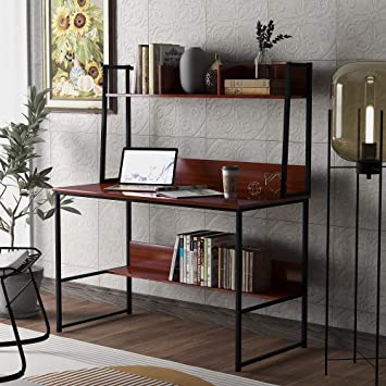 Rhomtree Computer Desk with Hutch and Bookshelf Home Office Desk PC Laptop Workstation Study Writing Table with Metal Frame (Brown)