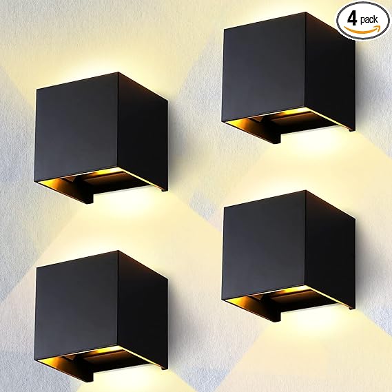 4pcs Outdoor Wall Lights, 4" Square Aluminum Exterior Light Fixture, Up and Down Adjustable Exterior Wall Light, 12W 3000K Modern Wall Sconce Light, Waterproof Wall Lamp for Porch Patio Doorway, Black