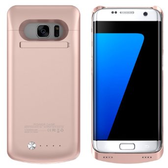 S7 Edge Battery Case, 5200mAh Rechargeable Extended Battery Charging Case for Samsung Galaxy S7 Edge, Backup External Battery Charger Case, Portable Backup Power Bank Case with Kickstand (Rose Gold)