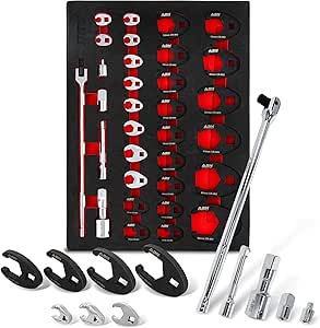 ABN Crows Foot Wrench Set with Extension Bars 32pc - 10-50mm Metric Tight Clearance Brake Line Wrench Set - 3/8, 1/2, and 3/4 Inch Drive Offset Open End Wrenches for Hard to Reach Jobs