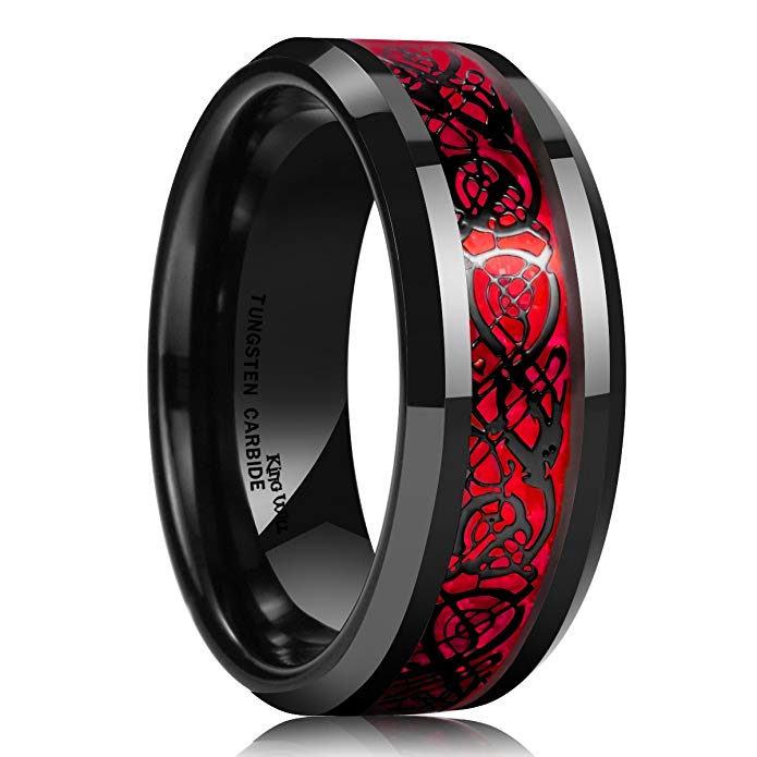 King Will Men's 8mm Red Carbon Fiber Black Celtic Dragon Tungsten Carbide Ring Comfort Fit Wedding Band