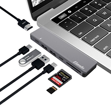 Elando USB C Hub, Aluminum Type-C Hub Adapter Dongle for MacBook Pro 13" and 15" 2016/2017, 40Gbps Thunderbolt 3, 4K HDMI, USB-C Power Delivery, SD/Micro Card Reader, 2 USB 3.0 Ports,Grey