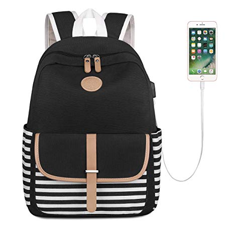 S-ZONE French Breton Nautical Striped Backpack Rucksack Marine Sailor Navy Stripy School Bags for Teenager Girls (Black-USB Version)