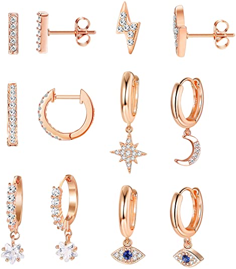 LOYALLOOK 6Pairs Moon Star Dangle Hoop Earrings for Women Mini Bar Stud Earrings CZ Drop Cartilage Cute Jewelry Small Huggie Hoop Valentiine's Gift Gold Plated