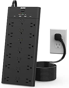 Power Strip Surge Protector Outlet Extender with 19 Outlets and 4 USB Ports (2 USB C), 10 Ft Extension Cord & Flat Plug, 2100 Joules, Wall Mount for Home, Office, Dorm, Black