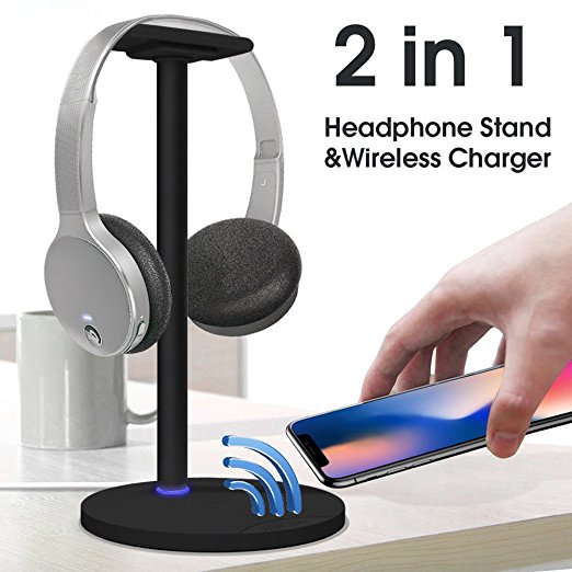 Likorlove Headphone Stand with Wireless Charging, 2in1 Fast Charging Dock and Headset Mount Wireless Charger, Quick charging for Samsung Galaxy Note8, S8, S8 , S7 Edge, S7, S6 Edge Plus, Note5, Normal standard charging for iPhone X, 8, 8 Plus(Black)