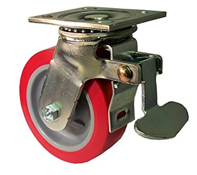 E.R. Wagner Plate Caster, Swivel with Total-Lock Brake, Polyurethane on Polyolefin Wheel, Roller Bearing, 750 lbs Capacity, 5" Wheel Dia, 2" Wheel Width, 6-1/2" Mount Height, 4-1/2" Plate Length, 4" Plate Width