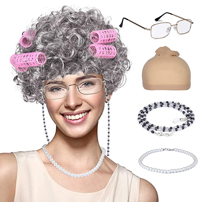 Old Lady Wig, Granny Cosplay Wig with Hair Rollers for Halloween Costume Dress Up Party