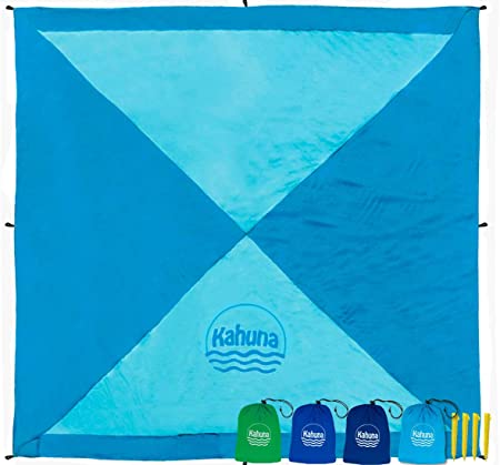 KAHUNA 'Next Generation' Parachute Beach Blanket - XL Extra Large 8 x 8 Feet - The Biggest Sand Proof Beach Sheet Picnic Blanket Available - Portable, Lightweight, Quick-Drying, with 12 Sand Pockets