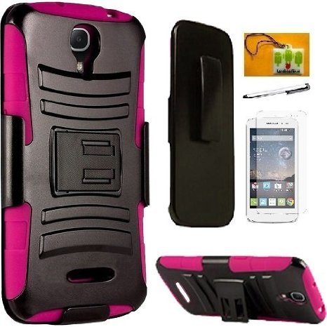 Alcatel One Touch Elevate / Pixi 3 (4.5 inch) LF 4 in 1 Bundle, Hybrid Armor Stand Case with Holster and Locking Belt Clip, Stylus Pen, Screen Protector & Wiper Accessory (Holster Pink)