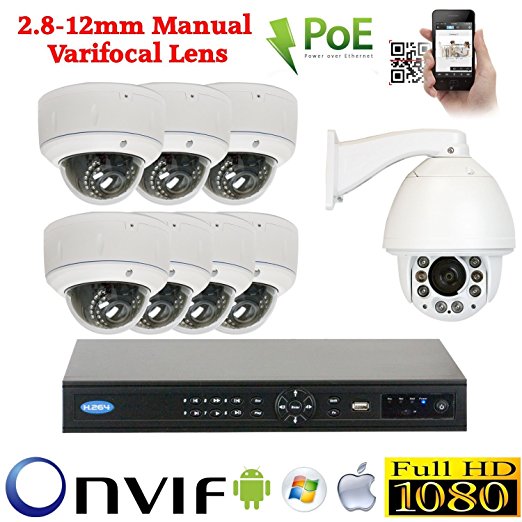 8 Channel 1080P IP Outdoor / Indoor NVR Security Camera System with 7 x 1080P IP PoE 2.8-12mm Varifocal Dome Cameras   1 x 1080P Auto Tracking IP PTZ 20X Optical Zoom Camera   1 x 8 Ports PoE Switch   Pre-installed 4TB Hard Drive