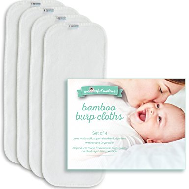 Wonderful Walrus BAMBOO BURP CLOTHS Set of 4. Magically Absorbent and Super Soft for baby. Large, Dye-free, Natural White.