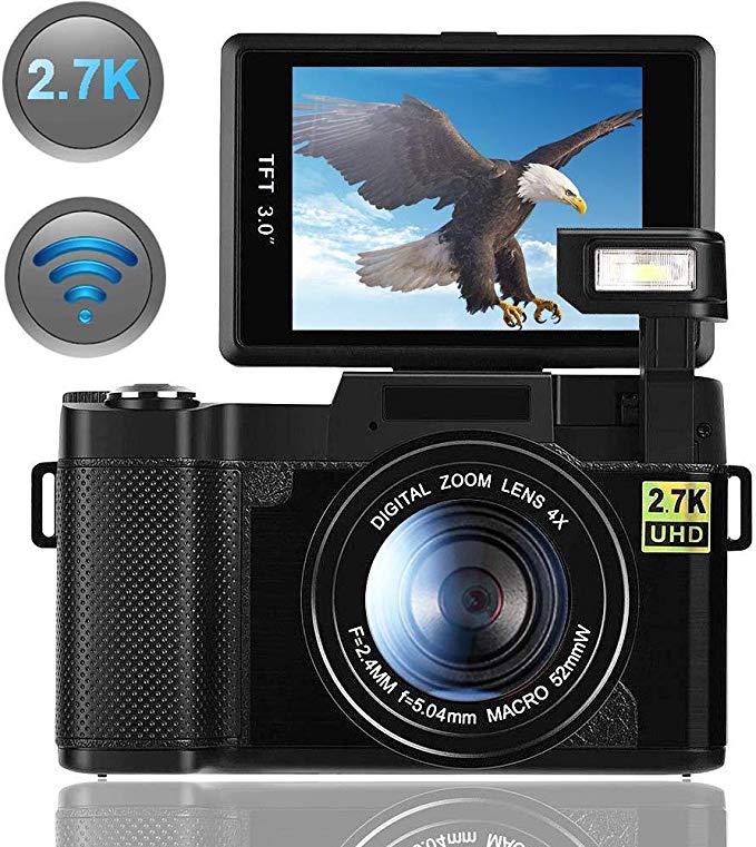 Digital Camera, Vlogging Camera for YouTube 2.7K 24.0MP Ultra HD WiFi Camera 3.0 Inch 180 Degree Rotation Flip Screen Retractable Flashlight