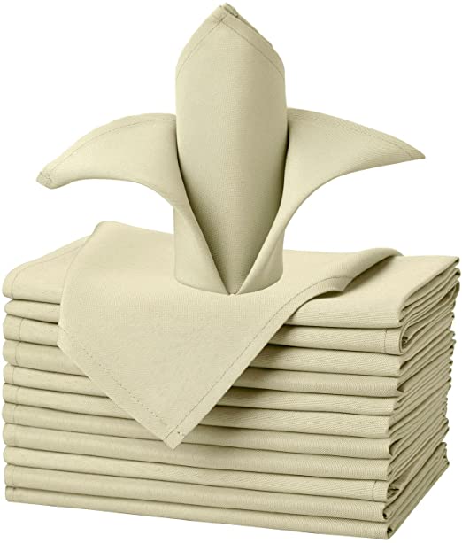 Remedios Beige Polyester Cloth Napkins - 17 x 17 Inch Soft Washable Dinner Napkins - Set of 12 Pieces Hemmed Edges Table Napkins for Wedding, Party, Restaurant