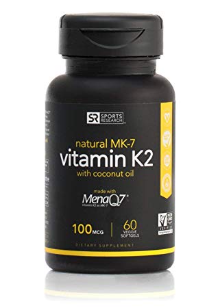 Sports Research Vitamin K2 (MK7) 100mcg; Supports Calcium Absorption and Heart Health; Enhanced with Organic Coconut Oil for Better Absorption; Soy and GMO Free, 60 Vegetarian Capsules