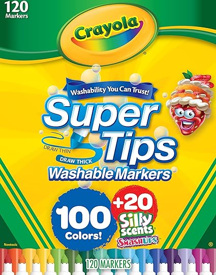 Crayola Super Tips Marker Set (120ct), Bulk Washable Markers, Scented Marker Set, for Kids, Thin & Thick Lines [Amazon Exclusive]