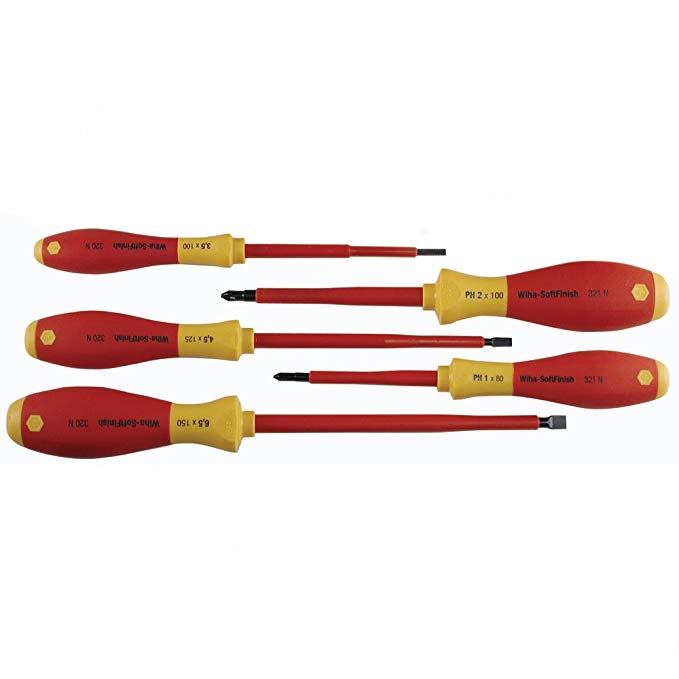 Wiha 32091 5-Piece 1000-Volt Slotted and Phillips Insulated Screwdriver Set
