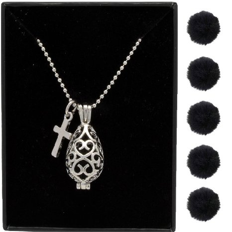 AromaRain Filigree Teardrop Essential Oil Necklace With Cross, Free Chain and 5 Poms