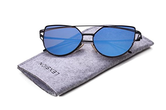 LEXSION Cat Eye Mirrored Flat Lenses Metal Frame Sunglasses UV 400 for Women or Men