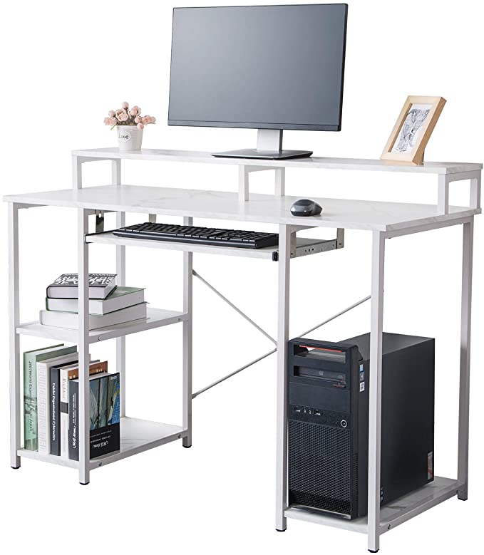 TOPSKY Compact Computer Desk with Storage Shelves/Keyboard Tray/Monitor Stand Study Table for Home Office (White Marble Texture)