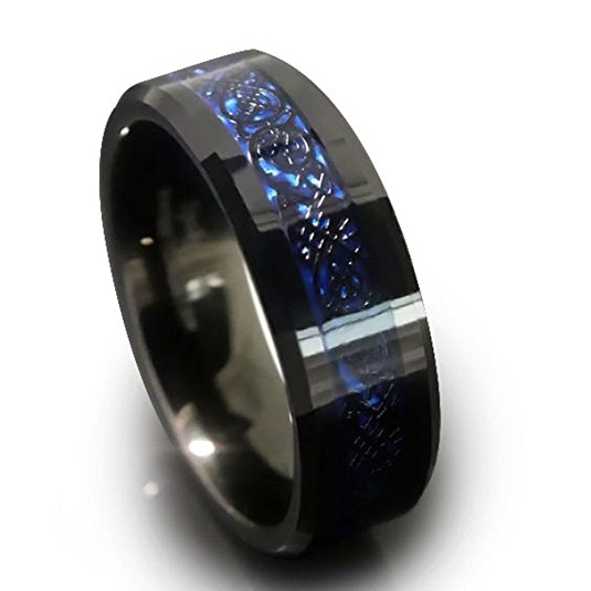 King Will Men's 8mm Blue Carbon Fiber Black Celtic Dragon Tungsten Carbide Ring Wedding Band