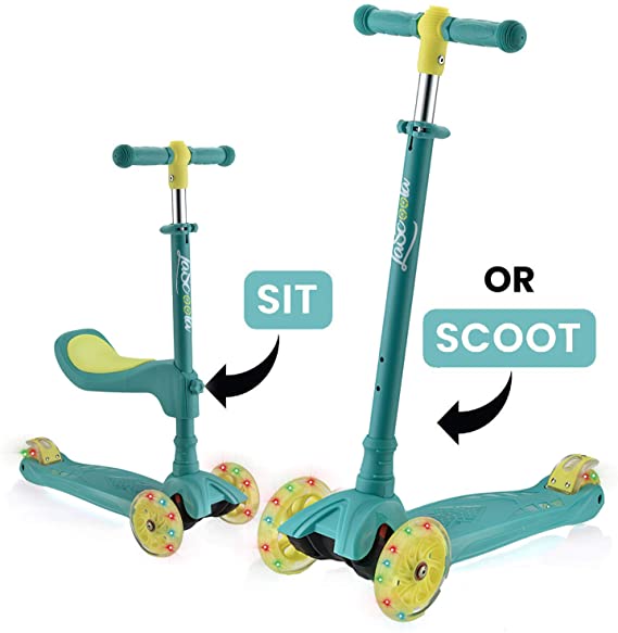 Lascoota 2-in-1 Kick Scooter with Removable Seat Great for Kids & Toddlers Girls or Boys – Adjustable Height w/Extra-Wide Deck PU Flashing Wheels for Children from 2-14 Years Old