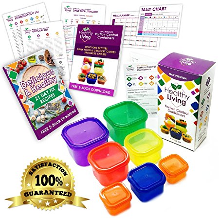 Healthy Living 7 Piece Portion Control Containers Kit with COMPLETE GUIDE, Multi-Colored Coded System, 100% Leak Proof - Comparable to 21 Day Fix!