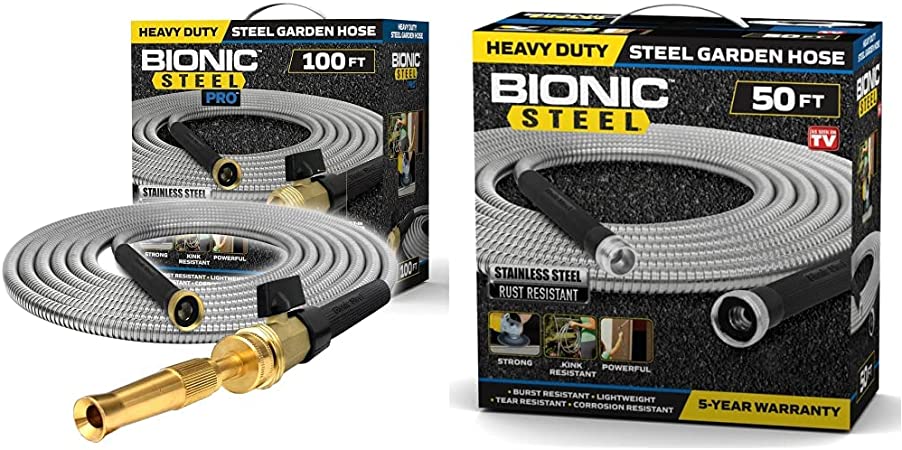 Bionic Steel PRO Garden Hose - 304 Stainless Steel Metal 100 Foot Garden Hose with Brass Fittings and On/Off Valve – 2021 Model & Bionic Steel 304 Stainless Steel Metal Garden Hose 50FT