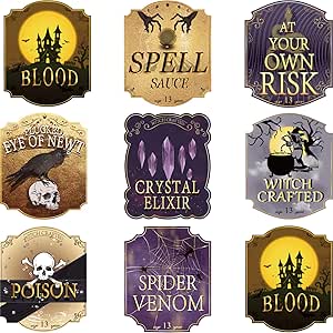 16 Pieces Halloween Bottle Labels Halloween Wine Bottle Labels Halloween Glass Labels Stickers Luxury Wine Labels Accessories Stickers with Foil for Halloween Party Decoration