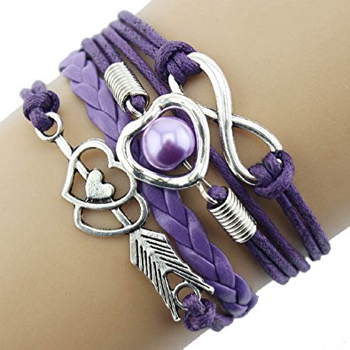 Bestpriceam (Tm) Infinity Love Heart Pearl Friendship Antique Leather Charm Bracelet (Purple)