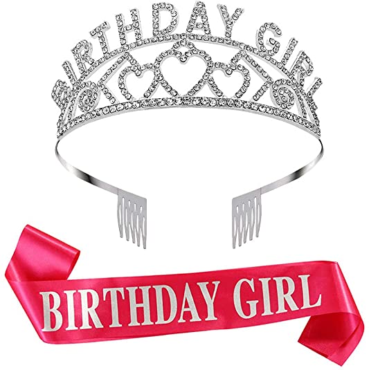 FANTESI Birthday Girl Sash and Tiara, Birthday Girl Sash and Crown for Happy Birthday Party Supplies, Favors, Decorations（Sliver）(Rose red-Silver)