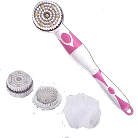 Pawaca Electric Shower Brush Set, 4-in-1 Long Handle Waterproof Bath Body Brush Kit SPA Massage Scrubber Exfoliation Kit (Pink)