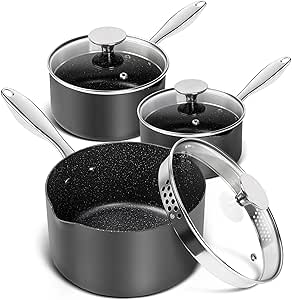 MICHELANGELO Hard Anodized Saucepan Set with Lids, Nonstick Saucepan with Pour Spouts & Strainer Lid for Easy Pour, Granite Derived Coating Sauce Pot Set - 1.5QT & 2QT &3QT Induction Sauce Pans