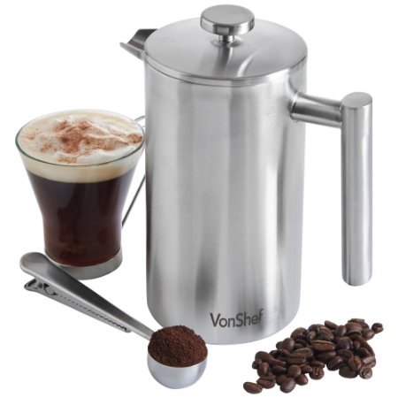 VonShef Double-Wall Keep Warm Satin Brushed Stainless Steel French Press Cafetiere Coffee Filter(8 Cup w/ Measuring Spoon and Sealing Clip). Available in sizes 3, 6 and 8 Cup