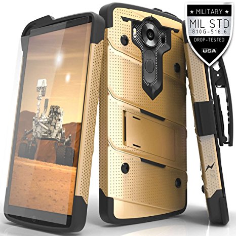 Zizo Bolt Cover For LG V10 [.33mm 9H Tempered Glass Screen Protector] Dual-Layered [Military Grade] Case Kickstand Belt Clip, Gold/Black